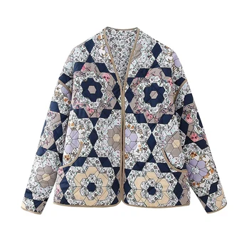 Divat virágos patchwork meleg kabátok kétoldalas nő 2023 Új steppelt pamut párnázott kabát Őszi elegáns felsőruházat