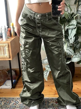 WeiYao kontraszt színes öltészsebek cargo nadrág női amerikai retro zöld Y2K utcai ruházat alacsony derékú egyenes szárú nadrág