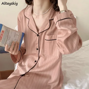 Pizsama szettek Nők Őszi Ins Napi Egyszerű csíkos hálóruha Otthoni Alkalmi Japán stílusú Puha Laza Elegáns Hölgyek Alapfokú tanulók