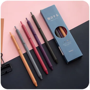 Retro 5 színű zselés toll készlet visszahúzható 0,5 mm-es finompontos vintage tollak naplóíráshoz DIY ajándék színező iskolai irodai írószer