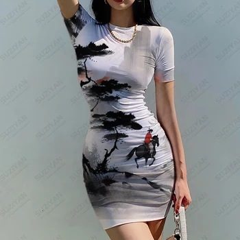 Kínai stílusú ruha tintafestés Nyomtatott ruha Elegáns temperamentum ruha Nyári rövid ujjú ruha Alap kerek nyakú ruha