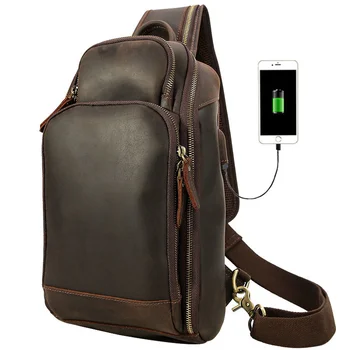  Új érkezések férfi bőr mellkastáska egyvállas hátizsák Eredeti Crosbody USB kábellel