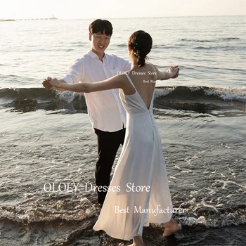 OLOEY Beach Silk Korea női esküvői ruhák Spagetti pántok Boka hosszúságú menyasszonyi ruhák Hivatalos partiruha szexi hát nélküli