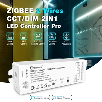 GLEDOPTO ZigBee 2 vezetékes CCT / DIM intelligens LED szalagvezérlő Pro DC12V-24V Dolgozzon a Smartlife App Voice RF távirányítóval
