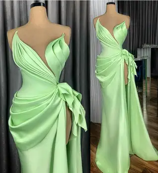 menta zöld szexi oldal osztott báli ruhák hosszú redők estélyi ruha csillogó szatén arab formális partiruha