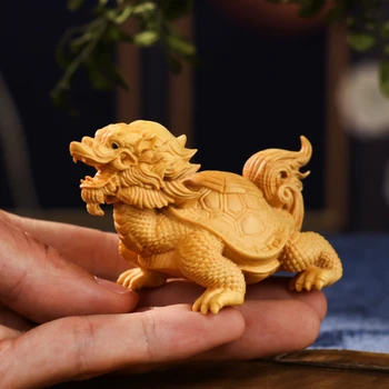 Bukszus Fu Shou sárkányteknős természetes tömörfa faragás játék alatt bájos tea kisállat férfiak hordozható lemezjáték kézi fogantyú darab