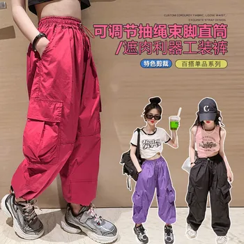 Girls' Cargo nadrág Gyermek Nubao nagy zsebű egyenes cső alkalmi nadrág húzózsinóros lábujjpánt egyenes cső Nyár 4-13Y