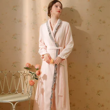 FZSLCYIYI Sexy V nyakú menyasszony Fürdőköpeny Vintage flanel női tündér hosszú ujjú kimonó női alkalmi kényelmes köntös