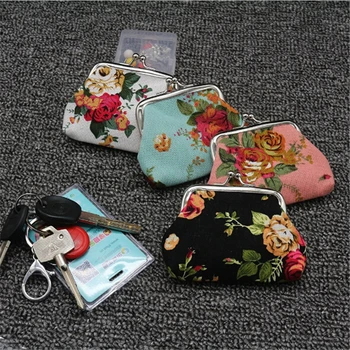 Női érme pénztárca Aranyos virágmintás női mini táska érmetáska Két fém gombzseb érme tasak kulcs hitelkártya tartó