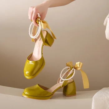 Édes szandál Nők Esküvői szögletes magassarkú cipő Női húros gyöngy Pillangócsomó Nyári szandál Pumps Plus size Zapatos